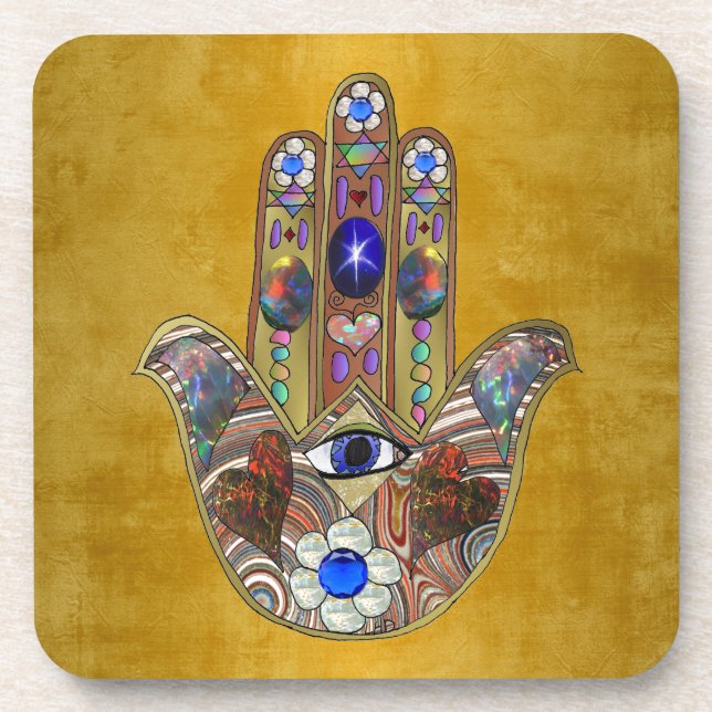 Posavasos Corazones de Hamsa Flores Ópalo Arte en Oro (Frente)