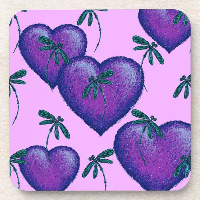 Posavasos Corazones morados y libélulas (Frente)