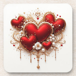 Posavasos Corazones rojos elegantes con detalles florales do