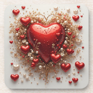 Posavasos Corazones rojos elegantes con detalles florales do