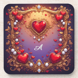Posavasos Corazones rojos ornamentados con oro y perlas