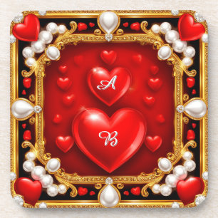 Posavasos Corazones rojos ornamentados con oro y perlas