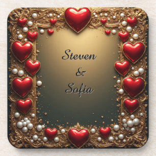 Posavasos Corazones rojos ornamentados con oro y perlas