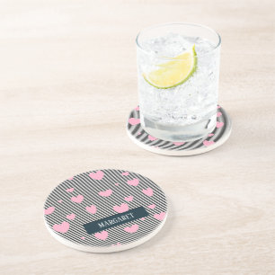 Posavasos Corazones y rayas rosadas personalizadas