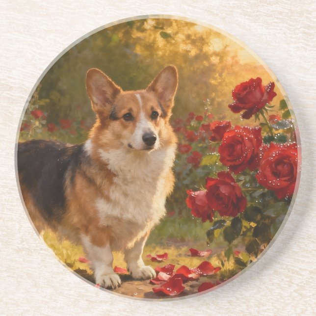 Posavasos Corgi en las Rosas V (Frente)