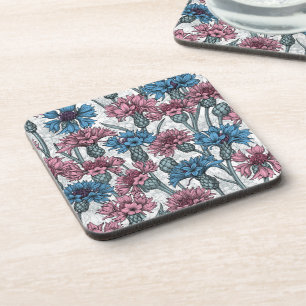Posavasos Cornflores rosas y azules, flores silvestres en bl