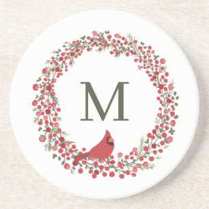 Posavasos Corona de bayas rojas y monograma de cardenal rojo