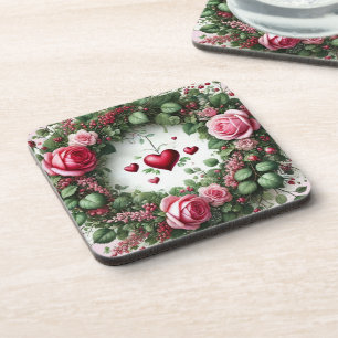 Posavasos Corona de cuerda floral de rosa con corazones rojo