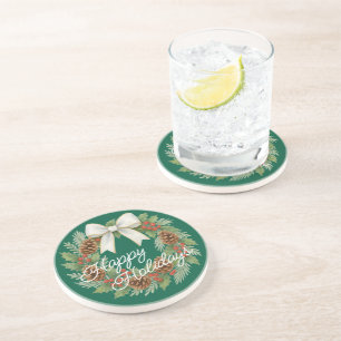 Posavasos Corona de diciembre elegante con lazo blanco festi