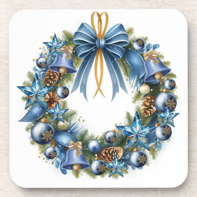Posavasos Corona de Navidad azul y dorada (Frente)