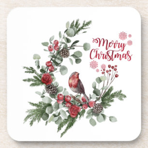 Posavasos Corona de pájaros cardenales rojos acuarela