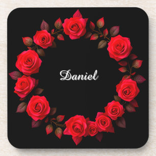 Posavasos Corona floral de rosa roja sobre fondo negro