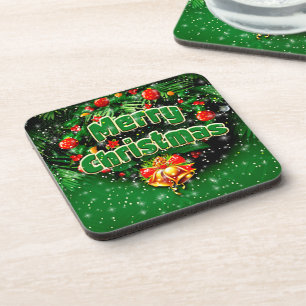 Posavasos Correspondiente Green Merry Christmas Gold Bells