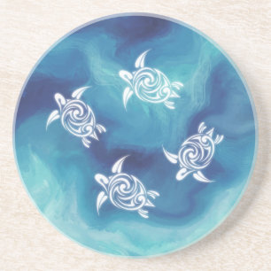 Posavasos Costa acuática del océano azul de las tortugas bla