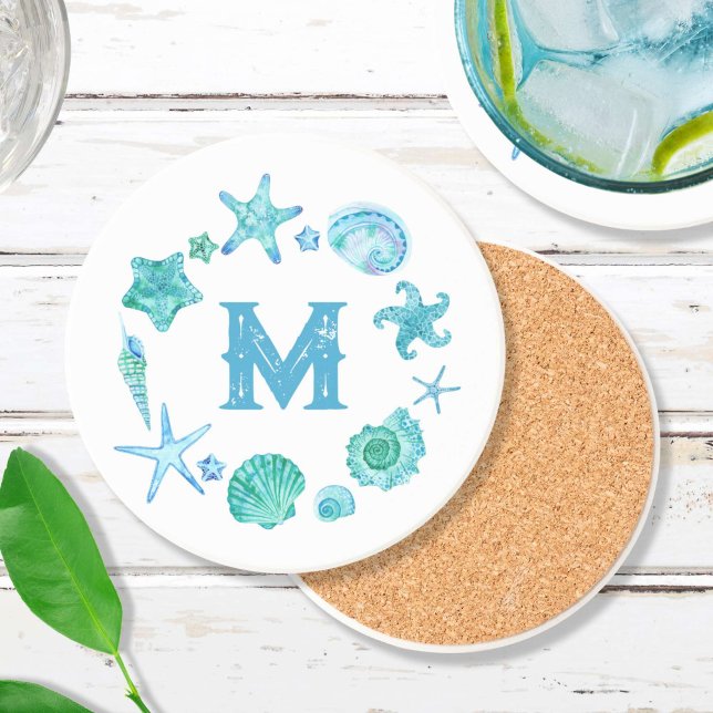Posavasos Costeras de playa y Starfish Monogramado (Beach Coastal Sea Shells and Starfish Monogrammed Coaster)