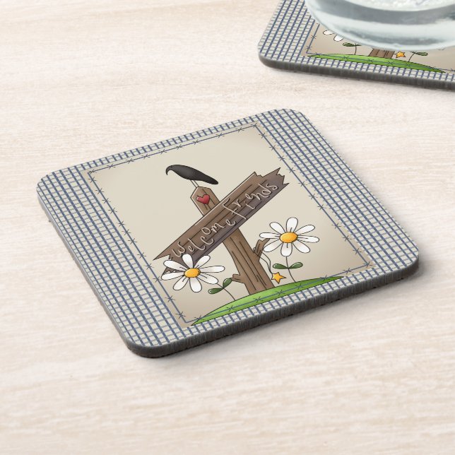 Posavasos Country Blue Gingham Welcome Friends (Lado Izquierdo)