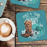Posavasos Cowgirl cita botas de vaquero de cuero turquesa go<br><div class="desc">Un cuaderno de chicas "Sólo un chica que ama los caballos" con botas de vaquero marrones,  gorra de vaquero turquesa y flores en falso cuero turquesa. Portátil personalizado. Puedes transferir este diseño a cualquier otro producto de Zazzle,  mira: "Transferir diseño a un producto"!</div>