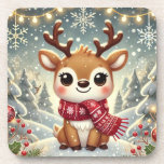 Posavasos Cozy Christmas Reindeer in a Winter Wonderland<br><div class="desc">A charming and festive illustration of a cheerful reindeer wearing a cozy red scarf, surrounded by delicate snowflakes and glowing fairy lights. The reindeer is depicted in a whimsical, cartoonish style, radiating warmth and joy. Set against a snowy winter wonderland, this artwork captures the magic of the holiday season, making...</div>