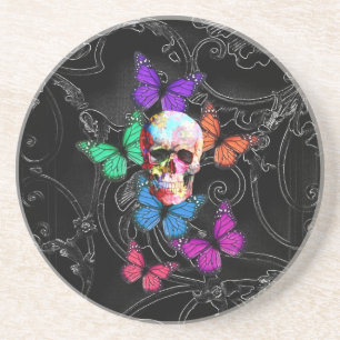 Posavasos Cráneo de la fantasía y mariposas coloreadas