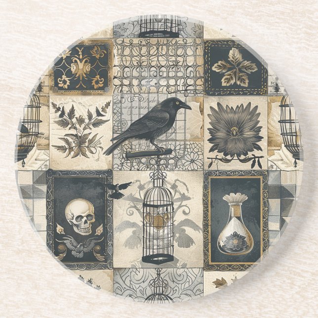 Posavasos Cráneo floral gótico y patrón de raven (Frente)