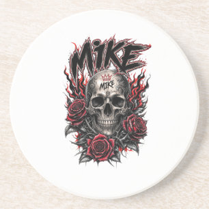 Posavasos Cráneo gótico de Mike con rosas rojas y llamas