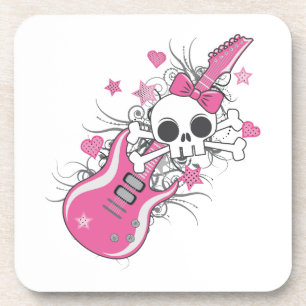 Posavasos Cráneo lindo con guitarra rosa