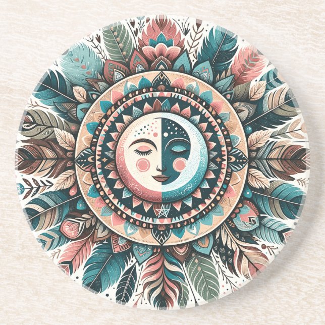 Posavasos Crea tu propio mandala boho celestial de sol y lun (Frente)