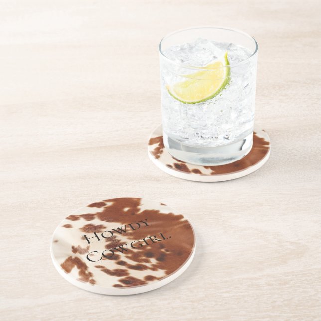 Posavasos Cream Brown Cowgirl Cowboy Piel de vaca (Lado)