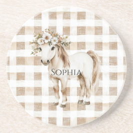 Posavasos Cream White Plaid Stripes Horse Birthday
