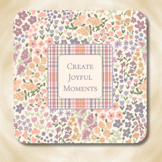 Posavasos Create Joyful Moments Floral Plaid Coaster Set (Create Joyful Moments Coaster – Personalized Inspirational Quote – Custom Floral Plaid Drinkware)