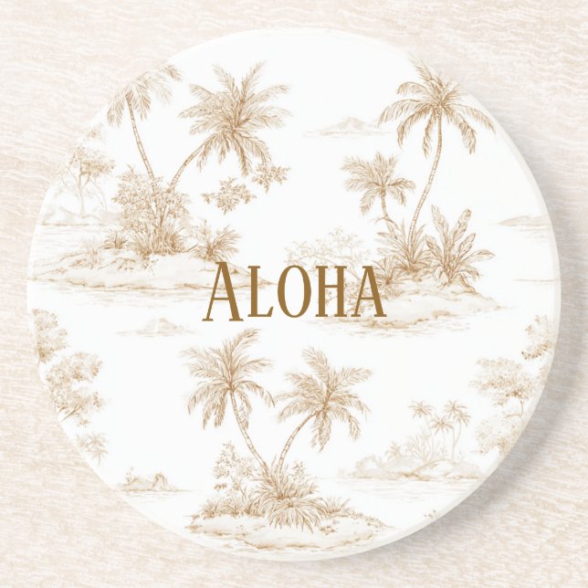 Posavasos Crema Marrón Aloha Islas Tropicales Palmeras (Frente)