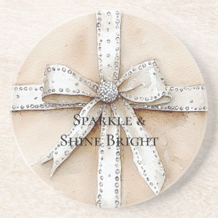 Posavasos Crema Plata Blanca Glitzy Glam Bow Cumpleaños