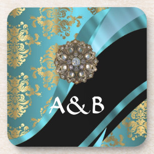Posavasos Cristal de imitación azul y oro de damasco de Aqua