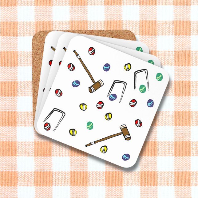 Posavasos Croquet Mallets Wickets juego de césped ilustrado  (This set of 6 croquet coasters feature my own unique, original, hand-drawn art.)