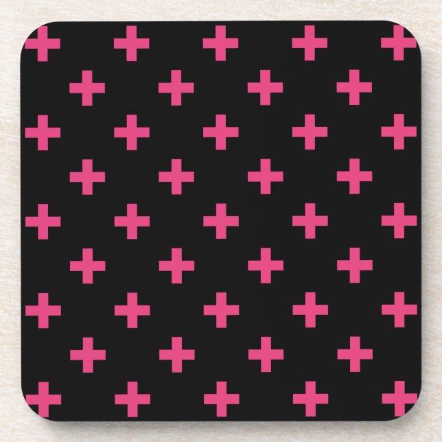 Posavasos Cruces de polka de Fuchsia sobre negro (Frente)