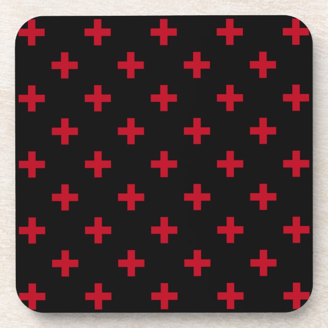 Posavasos Cruces de polka roja sobre negro (Frente)