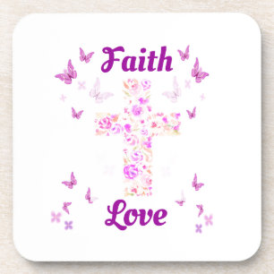 Posavasos Cruz de Fe y Amor de Rosas con Butterflie Rosa