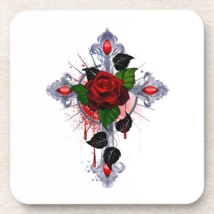 Posavasos Cruz de Plata con una Rosa Roja