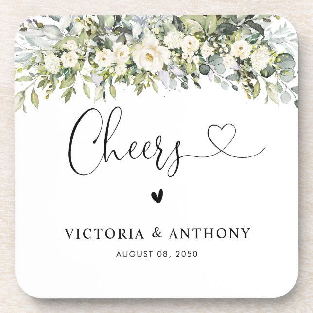 Posavasos cuadrado de boda con flores blancas (Frente)