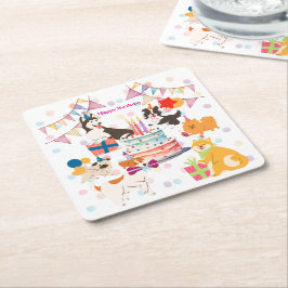 POSAVASOS CUADRADO DE PAPEL かわいい犬がいっぱい♡ピンクのバースデーパーティー 