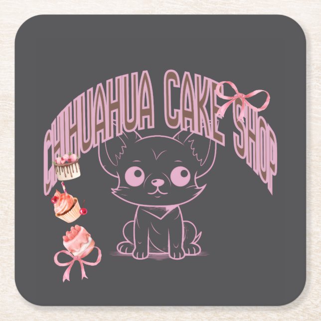 Posavasos Cuadrado De Papel 可愛いチワワとスイーツ,bow,cake,dogpuppy,のペーパーコースター (Anverso)