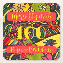 Posavasos Cuadrado De Papel 100 Cumpleaños Floral