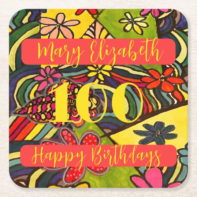 Posavasos Cuadrado De Papel 100 Cumpleaños Floral (Anverso)