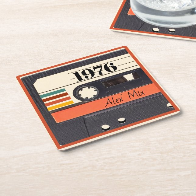 Posavasos Cuadrado De Papel 1976 Naranja de la cinta de la cinta retro Stripe (En perspectiva)