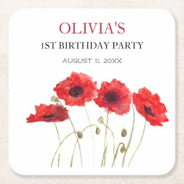 Posavasos Cuadrado De Papel 1.ª fiesta de cumpleaños anima a la bebé niña (Anverso)