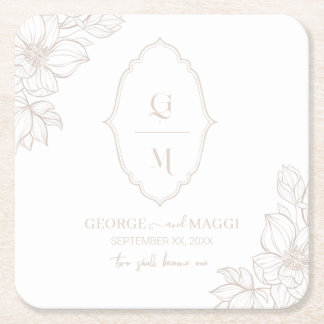 Posavasos Cuadrado De Papel 1.ª Novia, Groom With Magnolia Line Art