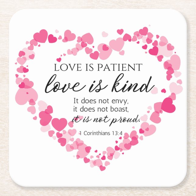 Posavasos Cuadrado De Papel 1 Corintios 13:4 El amor es el corazón rosado del  (Anverso)