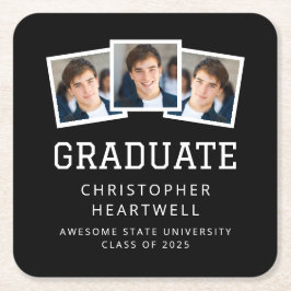 Posavasos Cuadrado De Papel 2025 Graduado 3-Photo Black and White