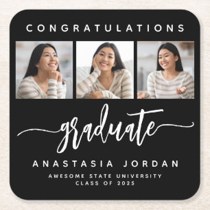 Posavasos Cuadrado De Papel 2026 3-Foto Graduado Felicidades Blanco Negro