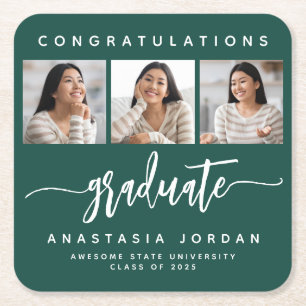 Posavasos Cuadrado De Papel 2026 3-Foto Verde Felicitaciones Graduado